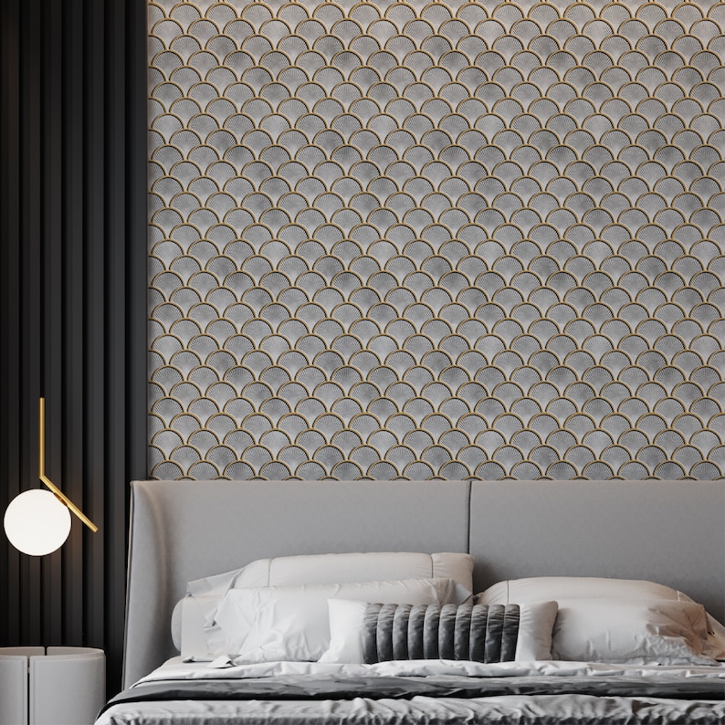 White 3D peel-and-stick tile with gold-edged scallop pattern, perfect kitchen backsplash and wall decor.