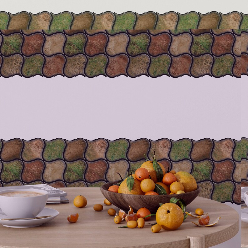 3D peel-and-stick wall tile grid with scalloped square tiles in moss green, brown, and tan for an earthy kitchen backsplash.