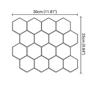 3D peel-and-stick hexagon tile sheet for kitchen backsplash; white/gray glossy tiles with self-adhesive backing