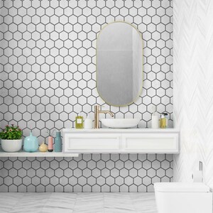 3D peel-and-stick hexagon tile sheet for kitchen backsplash; white/gray glossy tiles with self-adhesive backing