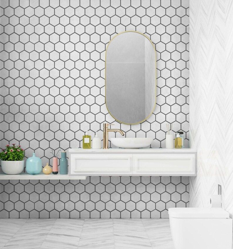 3D peel-and-stick hexagon tile sheet for kitchen backsplash; white/gray glossy tiles with self-adhesive backing