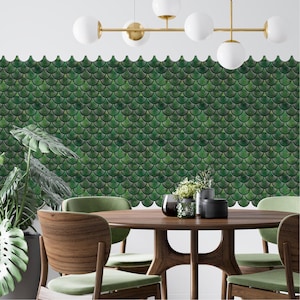 Forest green 3D peel-and-stick wall tile with overlapping scallop scales for kitchen backsplash, vinyl wall tiles