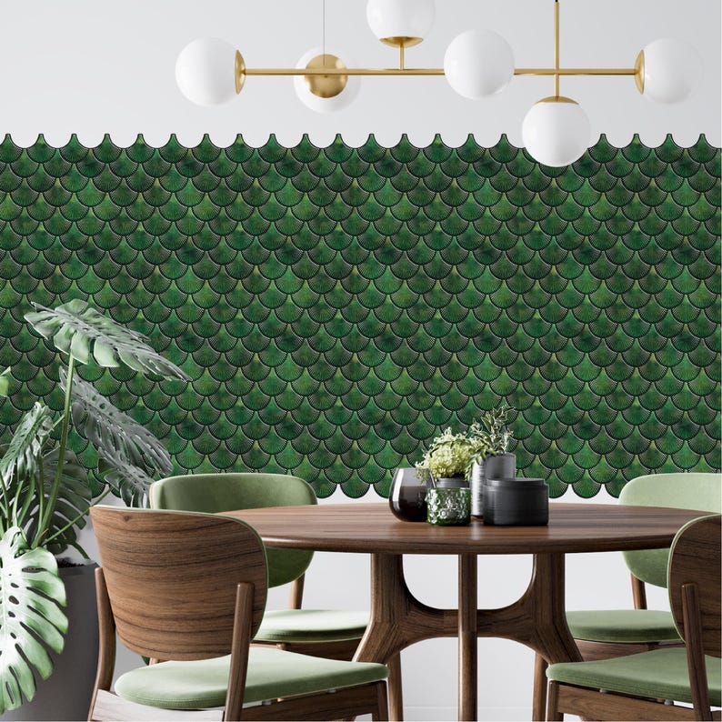 Forest green 3D peel-and-stick wall tile with overlapping scallop scales for kitchen backsplash, vinyl wall tiles