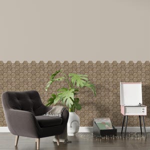 Light brown hexagon peel-and-stick tile sheet for kitchen backsplash; wood-look honeycomb pattern, self-adhesive vinyl tile.