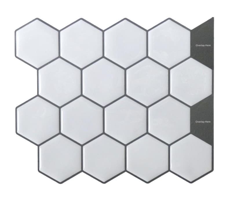 3D peel-and-stick hexagon tile sheet for kitchen backsplash; white/gray glossy tiles with self-adhesive backing