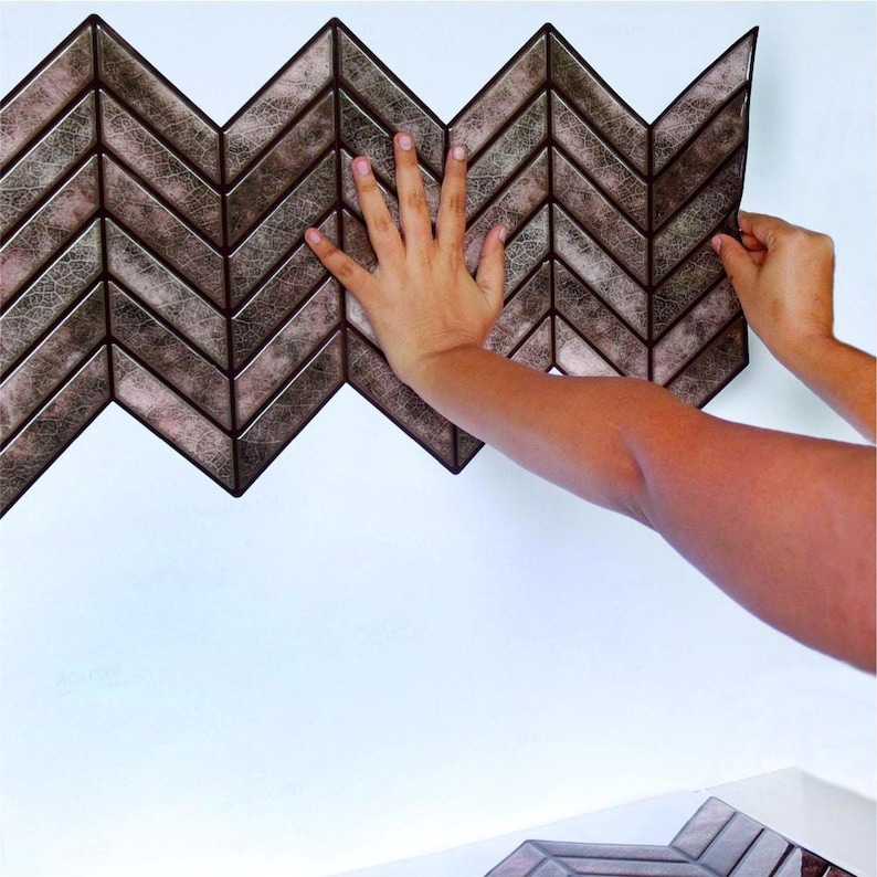 3D PU Peel-and-Stick Wall Tile Style 291 in brown chevron pattern for kitchen backsplash; stick-on tile for quick DIY.