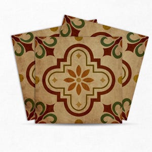 May include: Three brown, green, and red patterned tile stickers with a geometric design. The tiles have a distressed, vintage look.