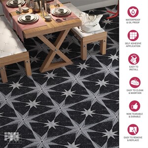 Mosaic Star vinyl floor tile: black square tile with a silver eight-point star mosaicowall self-adhesive, peel-and-stick tile