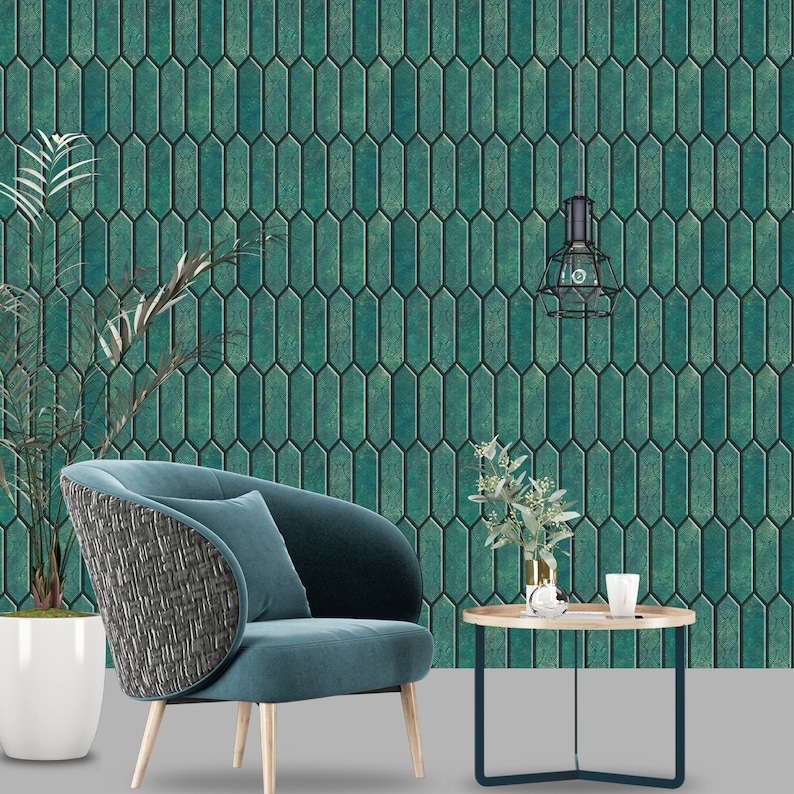 Full room view, patterned emerald green mosaic wall tile installed behind teal chair, modern green kitchen wall decor vibe