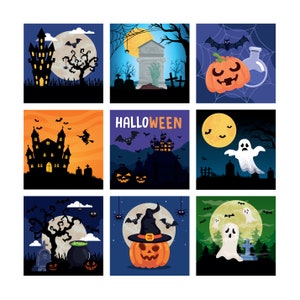 May include: Nine illustrated Halloween themed squares with various spooky elements including a haunted house, a graveyard, a ghost, a witch, a pumpkin, a cauldron, a bat, a spider, and the word "HALLOWEEN".