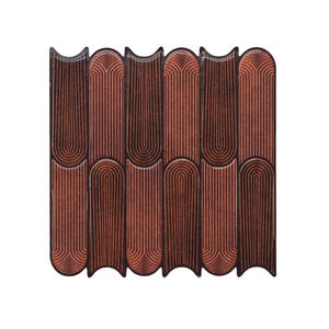 May include: A rectangular wall tile featuring a repeating pattern of vertical, elongated, rounded-top segments in a deep copper and dark brown finish. The surface is textured with fine, parallel lines that follow the arched shape of each segment.
