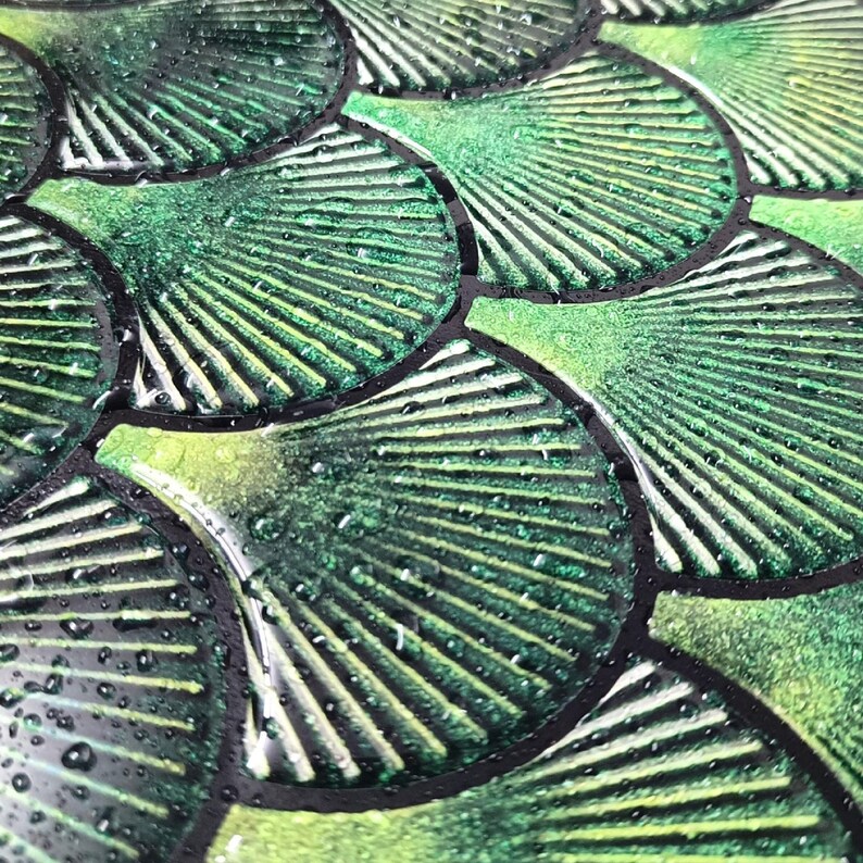 Forest green 3D peel-and-stick wall tile with overlapping scallop scales for kitchen backsplash, vinyl wall tiles