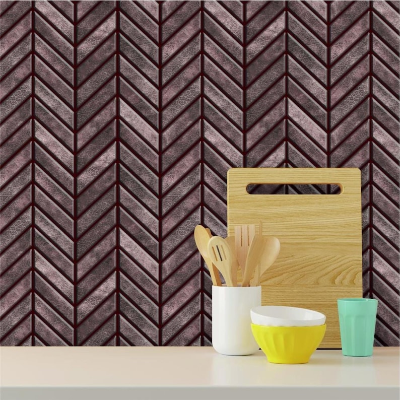 3D PU Peel-and-Stick Wall Tile Style 291 in brown chevron pattern for kitchen backsplash; stick-on tile for quick DIY.