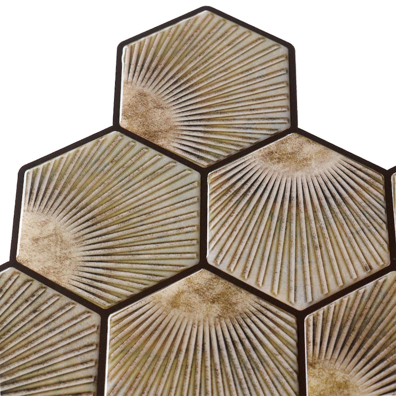Light brown hexagon peel-and-stick tile sheet for kitchen backsplash; wood-look honeycomb pattern, self-adhesive vinyl tile.
