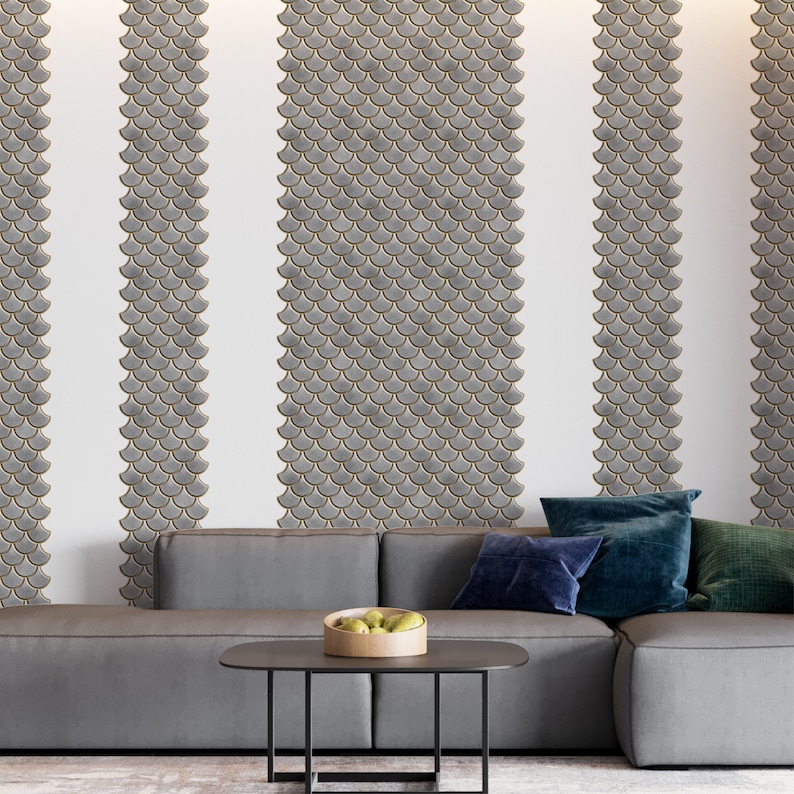 White 3D peel-and-stick tile with gold-edged scallop pattern, perfect kitchen backsplash and wall decor.