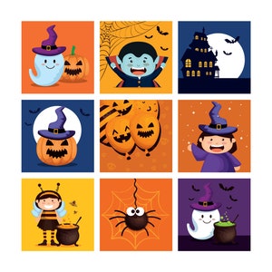 May include: Nine colorful illustrations featuring various Halloween characters and symbols.  A ghost with a witch's hat, a vampire with fangs, a haunted house, a jack-o-lantern, a witch with a purple dress, a spider in a web, a bee costume, and a ghost with a cauldron.