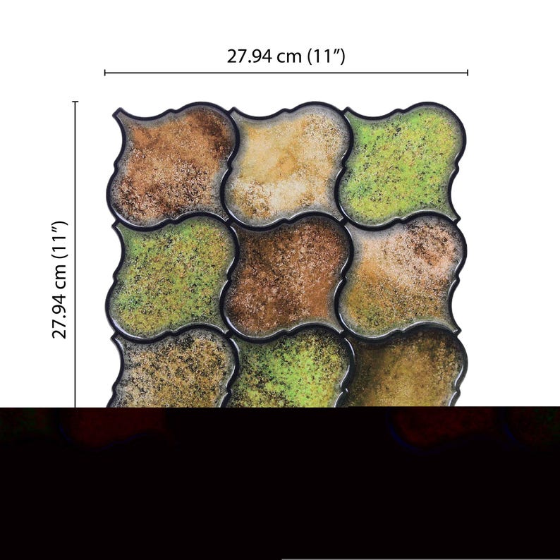3D peel-and-stick wall tile grid with scalloped square tiles in moss green, brown, and tan for an earthy kitchen backsplash.