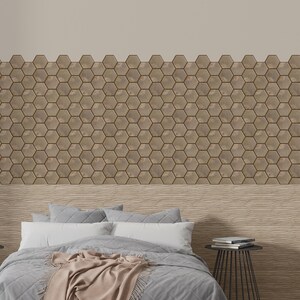 Light brown hexagon peel-and-stick tile sheet for kitchen backsplash; wood-look honeycomb pattern, self-adhesive vinyl tile.