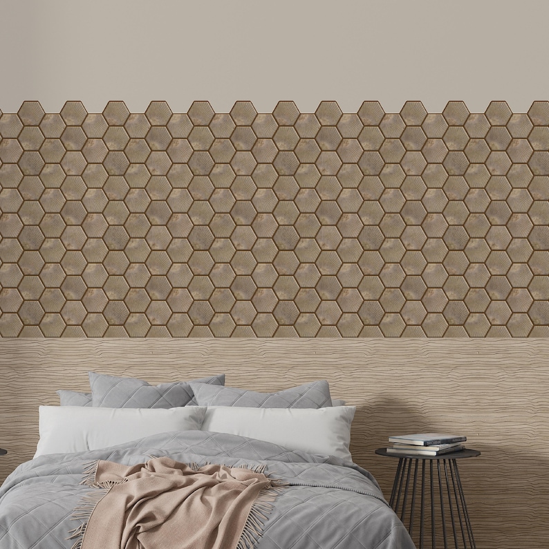 Light brown hexagon peel-and-stick tile sheet for kitchen backsplash; wood-look honeycomb pattern, self-adhesive vinyl tile.