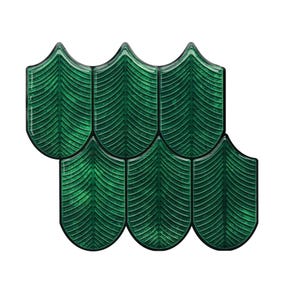 May include: A set of five interlocking emerald green tiles with a glossy finish. Each tile features a pointed, shield-like shape with a raised, symmetrical leaf-vein pattern embossed on the surface, framed by a distinct black border.