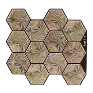Light brown hexagon peel-and-stick tile sheet for kitchen backsplash; wood-look honeycomb pattern, self-adhesive vinyl tile.