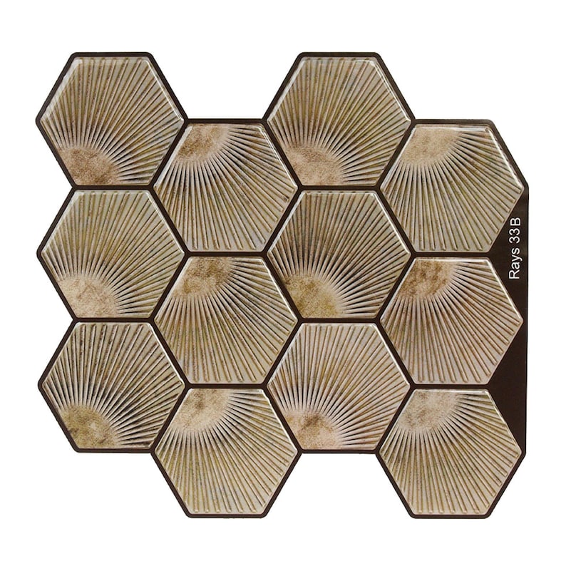 Light brown hexagon peel-and-stick tile sheet for kitchen backsplash; wood-look honeycomb pattern, self-adhesive vinyl tile.