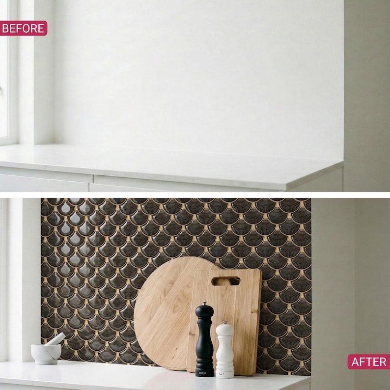 Black Egyptian 3D peel-and-stick vinyl backsplash with scalloped scale pattern behind a white kitchen counter.