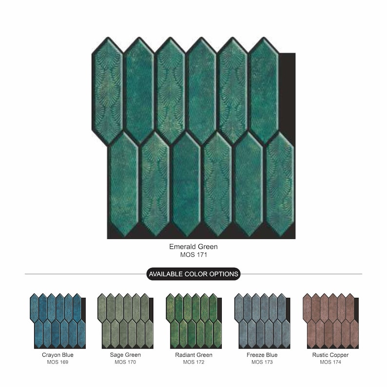 Sheet layout plus color swatches at bottom, emerald hexagon peel and stick tile pack, removable green stick on backsplash