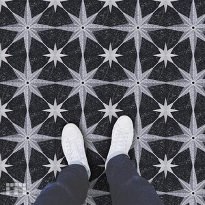 Mosaic Star vinyl floor tile: black square tile with a silver eight-point star mosaicowall self-adhesive, peel-and-stick tile