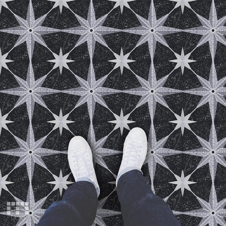 Mosaic Star vinyl floor tile: black square tile with a silver eight-point star mosaicowall self-adhesive, peel-and-stick tile
