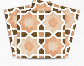 May include: A set of three brown and white patterned tile stickers. The tiles feature a geometric design with a starburst pattern.