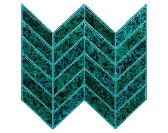 May include: A decorative tile sheet featuring a repeating chevron pattern composed of individual rectangular pieces. The tiles exhibit a deep emerald green color with a mottled, speckled texture and a glossy finish, arranged in a zigzag formation.