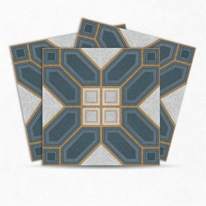 May include: Three blue and gold geometric patterned tiles with a white background. The tiles have a textured surface and a repeating pattern of octagons and squares.
