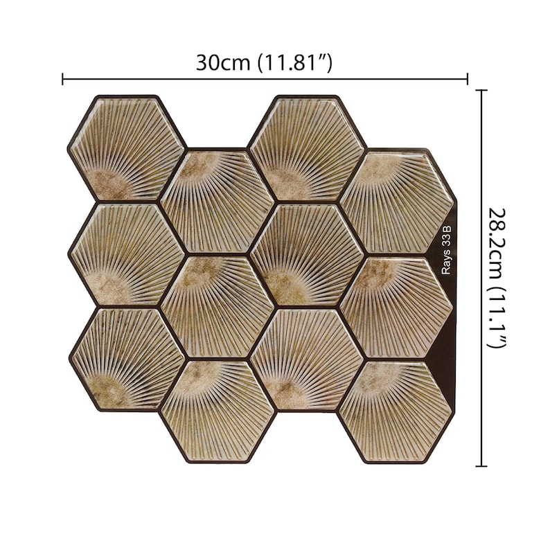 Light brown hexagon peel-and-stick tile sheet for kitchen backsplash; wood-look honeycomb pattern, self-adhesive vinyl tile.