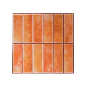 May include: A square tile sheet with a brick-like design. The rectangular tiles have an orange and yellow gradient and a textured finish. The grout lines are a darker brown, forming a clear grid pattern. Ideal for kitchen or bathroom decor.