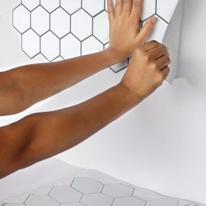 3D peel-and-stick hexagon tile sheet for kitchen backsplash; white/gray glossy tiles with self-adhesive backing