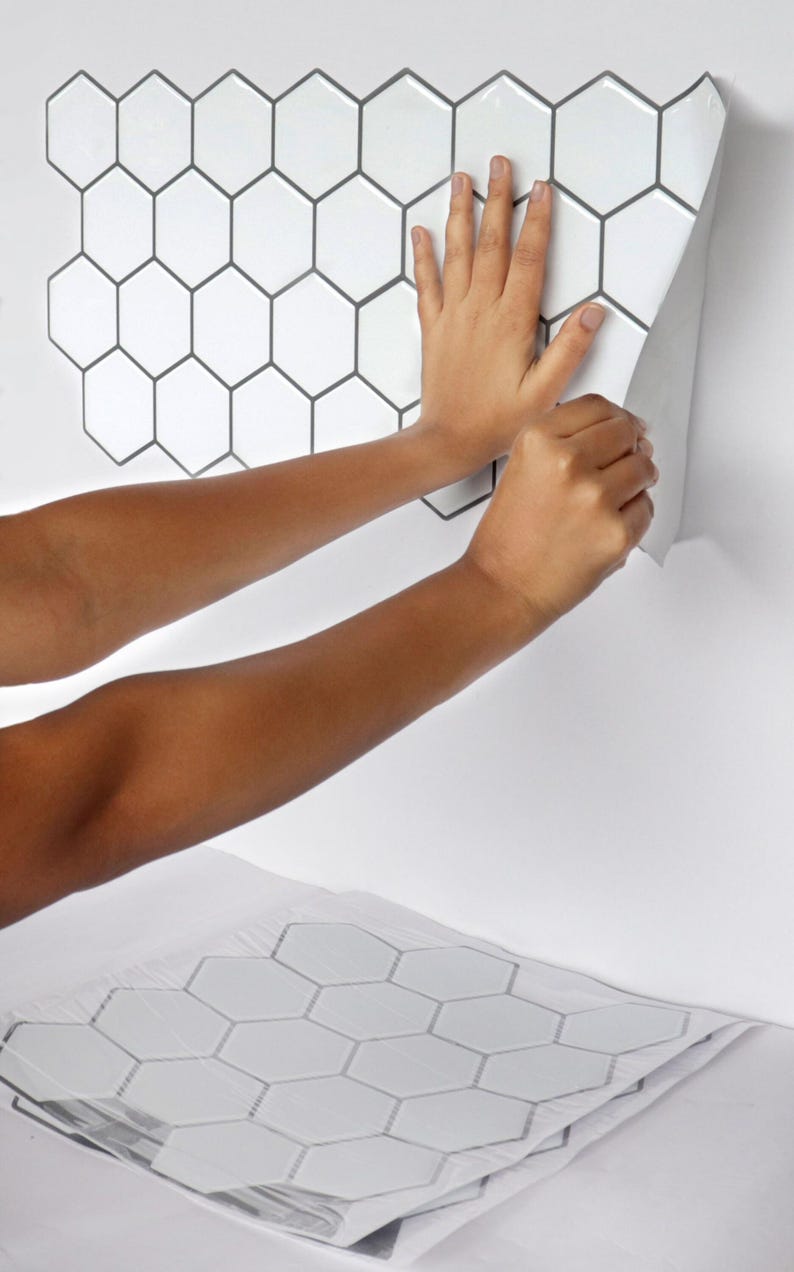 3D peel-and-stick hexagon tile sheet for kitchen backsplash; white/gray glossy tiles with self-adhesive backing