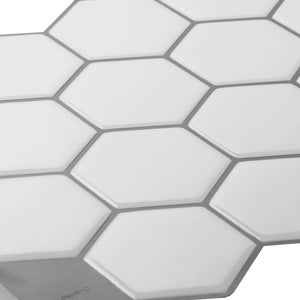 3D peel-and-stick hexagon tile sheet for kitchen backsplash; white/gray glossy tiles with self-adhesive backing