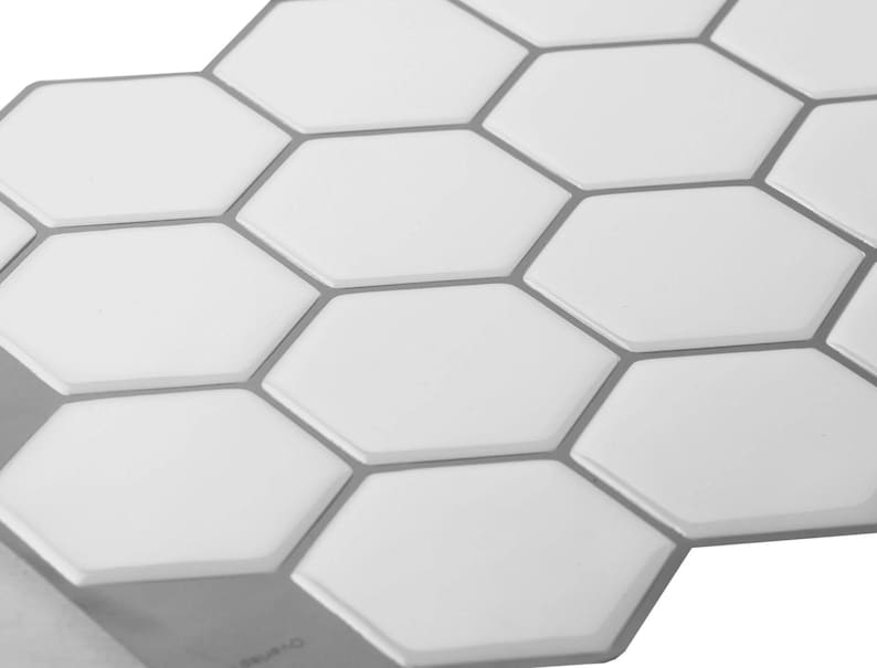 3D peel-and-stick hexagon tile sheet for kitchen backsplash; white/gray glossy tiles with self-adhesive backing