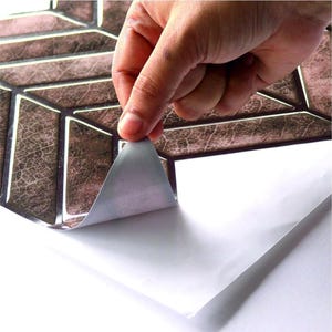 3D PU Peel-and-Stick Wall Tile Style 291 in brown chevron pattern for kitchen backsplash; stick-on tile for quick DIY.