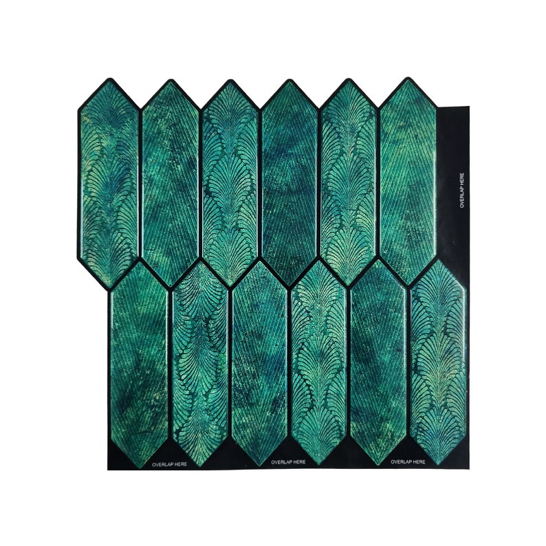 Single sheet on black backing, glossy emerald picket tiles with feathered swirls, emerald green peel and stick backsplash tiles