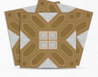 Könnte beinhalten: Drei quadratische Fliesen mit einem geometrischen Muster in Braun und Weiß. Die Fliesen haben eine strukturierte Oberfläche und einen dezenten Glanz.