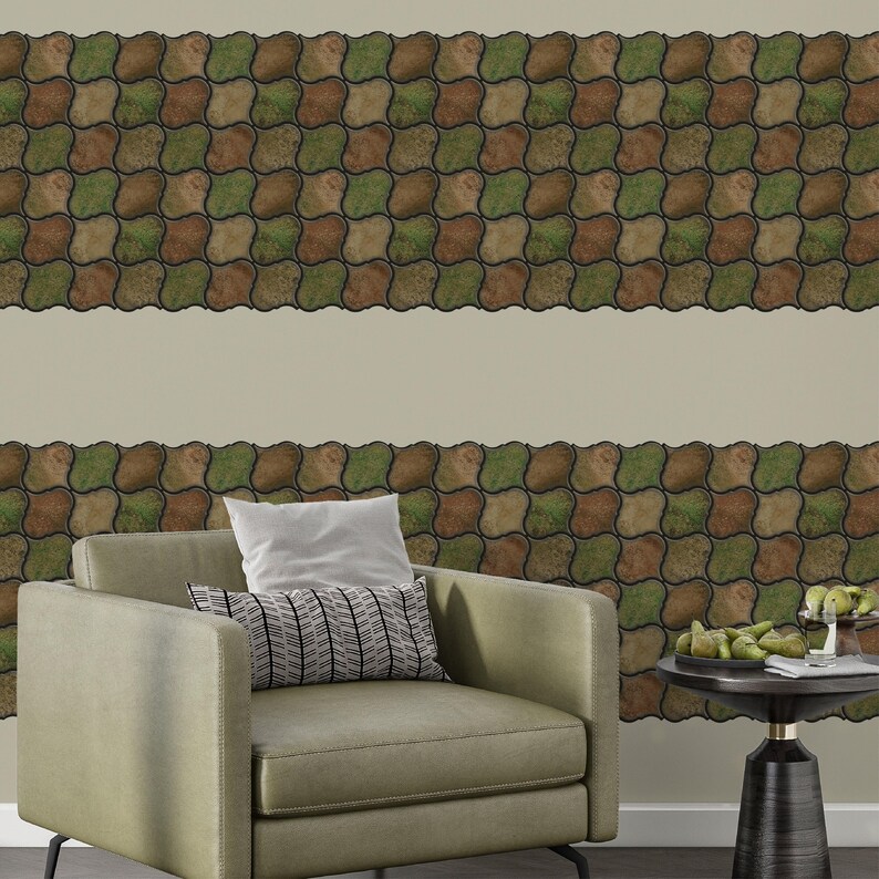 3D peel-and-stick wall tile grid with scalloped square tiles in moss green, brown, and tan for an earthy kitchen backsplash.