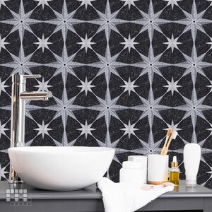 Mosaic Star vinyl floor tile: black square tile with a silver eight-point star mosaicowall self-adhesive, peel-and-stick tile