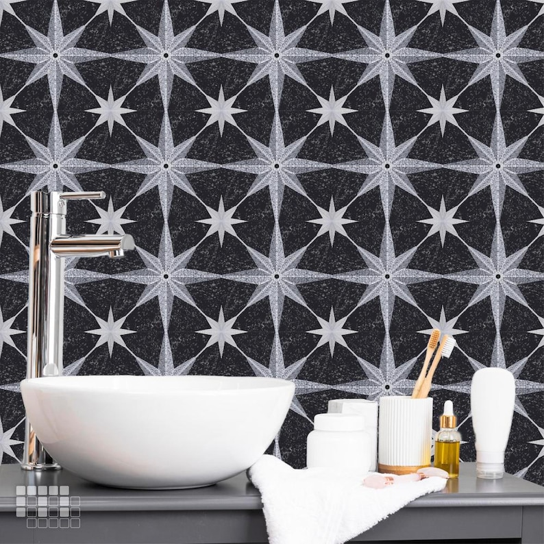 Mosaic Star vinyl floor tile: black square tile with a silver eight-point star mosaicowall self-adhesive, peel-and-stick tile