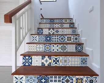Designed Blue stair riser decal, colorful decorative tiles stair sticker, removable stair riser décor strip, peel & stick stair riser SR16