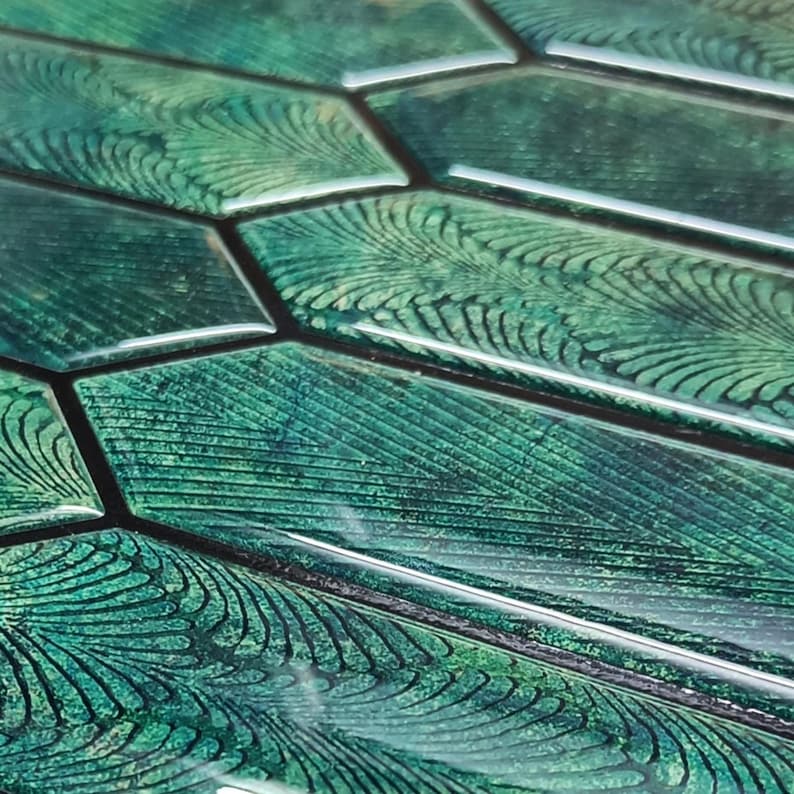 Macro close-up of glossy swirls and dark veining on emerald hexagon tiles, 3d vinyl backsplash tiles texture