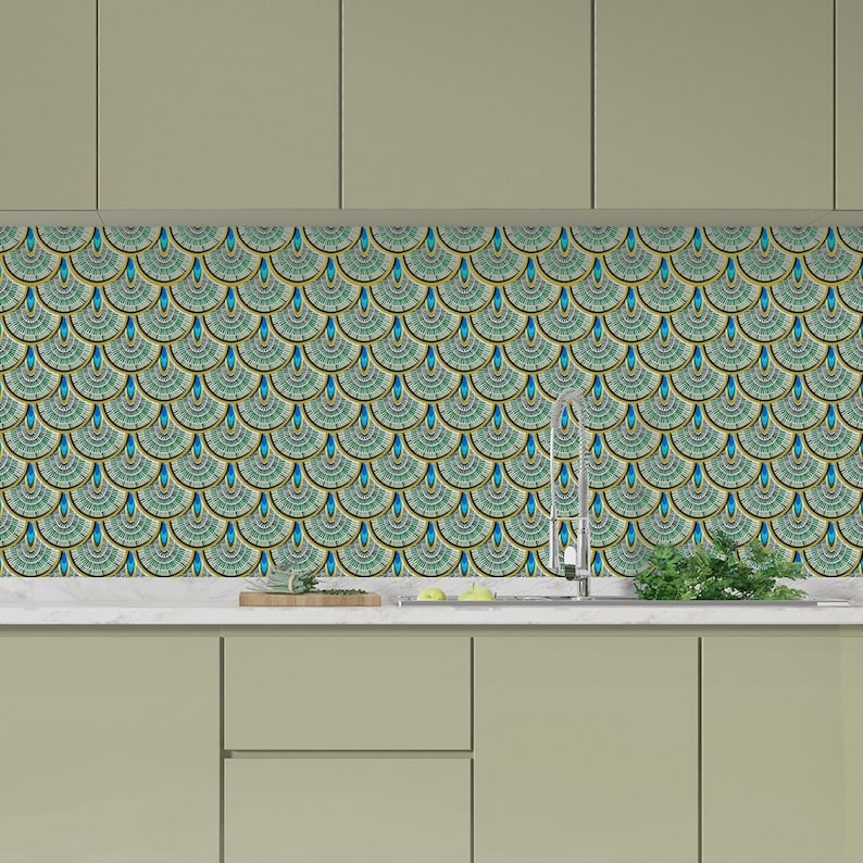 Peacock Peel and Stick Wall Tile Green Kitchen Backsplash Etsy