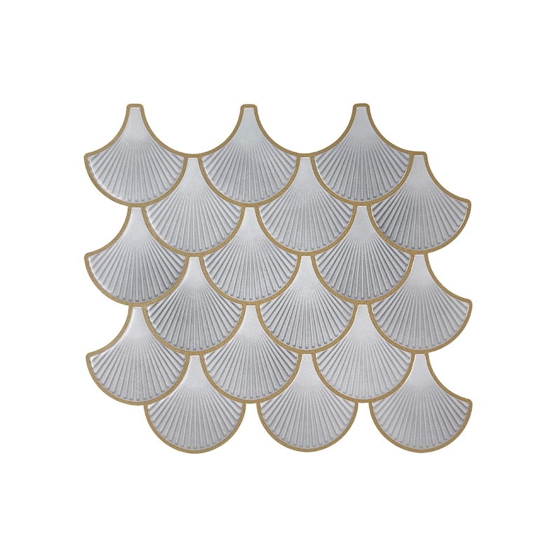 White 3D peel-and-stick tile with gold-edged scallop pattern, perfect kitchen backsplash and wall decor.