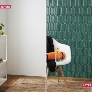 Styled living corner after install, full wall of emerald green kitchen backsplash tiles, tall chair accent